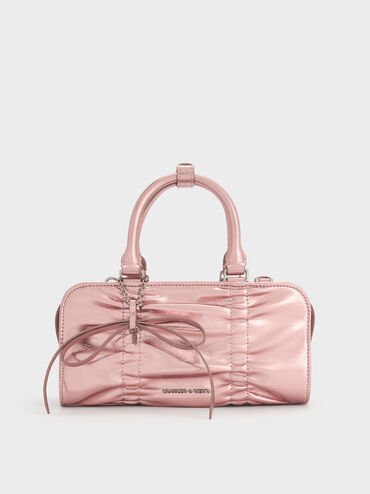 Kadee Metallic Ruched Bow-Charm Bowling Bag, Aura Pink, hi-res