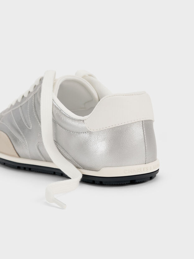 Metallic Low-Top Sneakers, Silver, hi-res