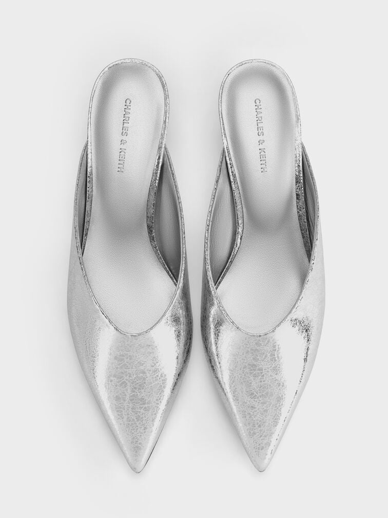 Metallic Crinkle-Effect Speckled-Heel Wedge Mules​, Silver, hi-res