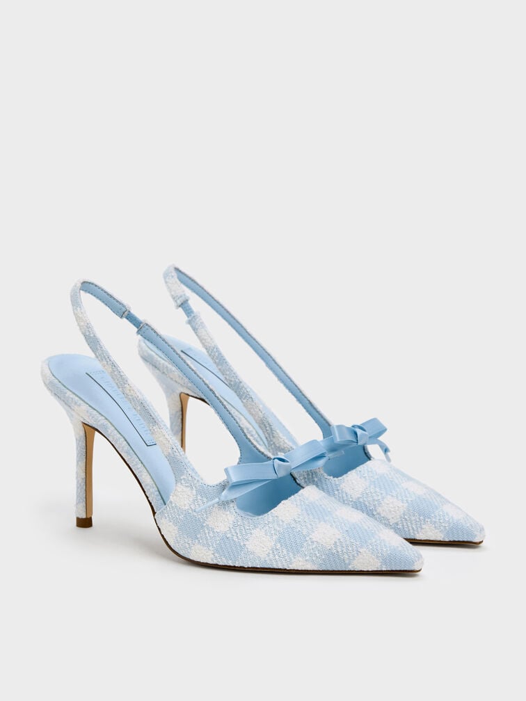 Venetia Gingham Bow Pointed-Toe Slingback Pumps, Light Blue, hi-res