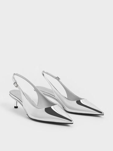 Curtis Metallic Pointed-Toe Kitten-Heel Slingback Pumps, Silver, hi-res