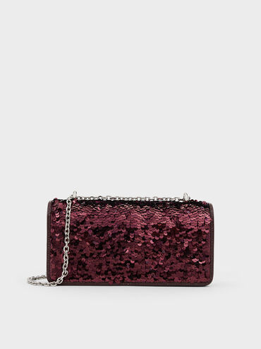 Paffuto Sequinned Wallet On Chain, Burgundy, hi-res