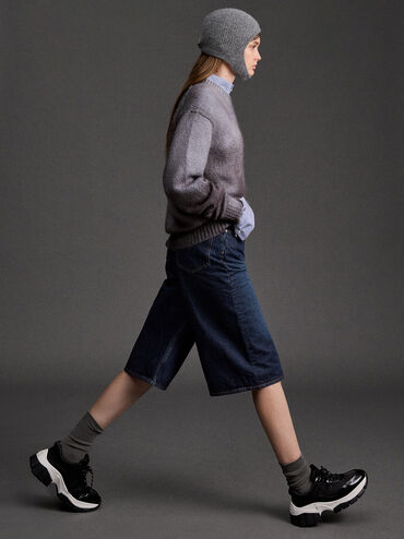 Yunna Leather & Recycled Fabric Chunky Sneakers, Black, hi-res