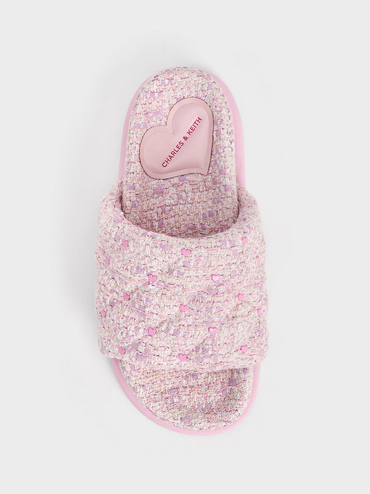 Dahlia Tweed Quilted Heart-Print Sandals, Pink, hi-res
