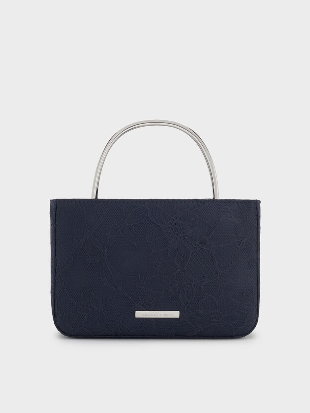 Jennis Lace & Satin Top Handle Bag, Dark Blue Textured, hi-res