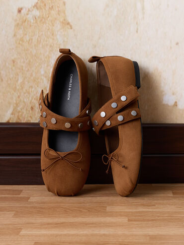 Gael Faux Suede Studded Crossover-Strap Bow Mary Janes, Brown, hi-res