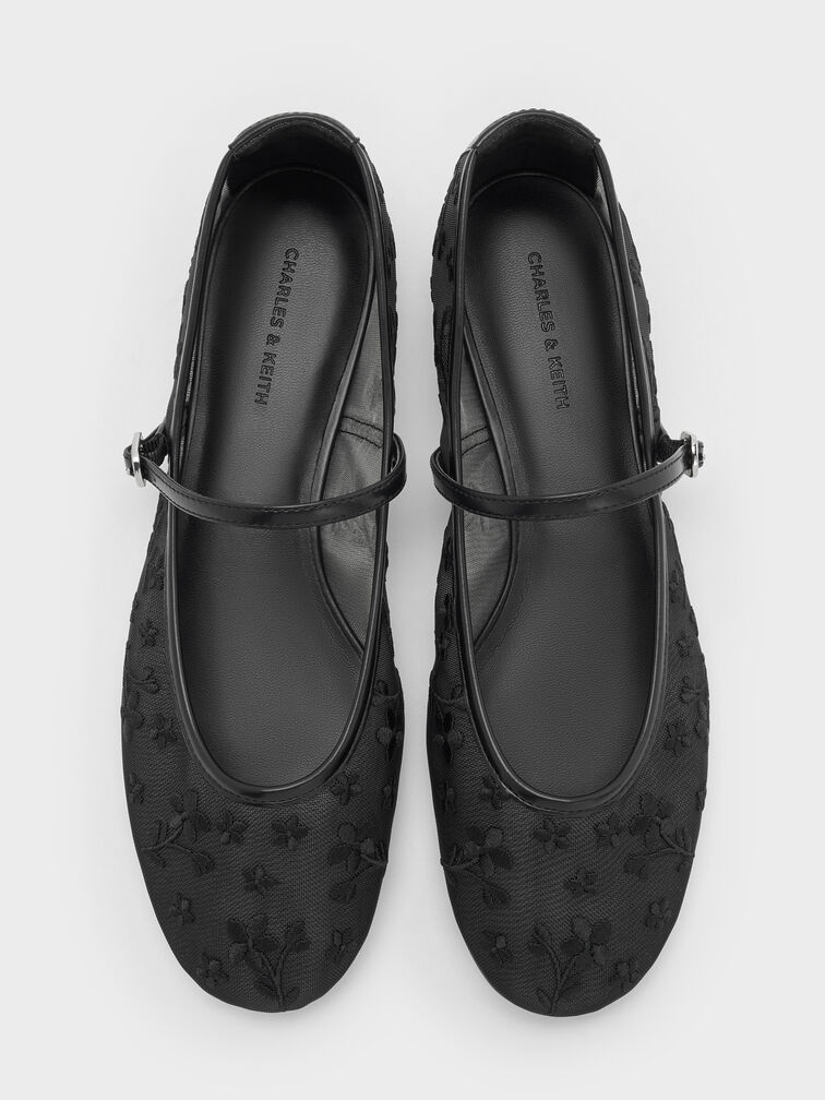 Gertrude Mesh Embroidered Floral Mary Janes, Black2, hi-res