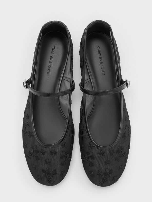 Gertrude Embroidered-Mesh Mary Janes, Black2, hi-res