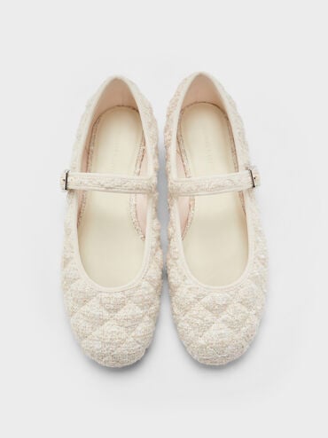 Carmel Tweed Quilted Buckled Mary Jane Flats, White, hi-res
