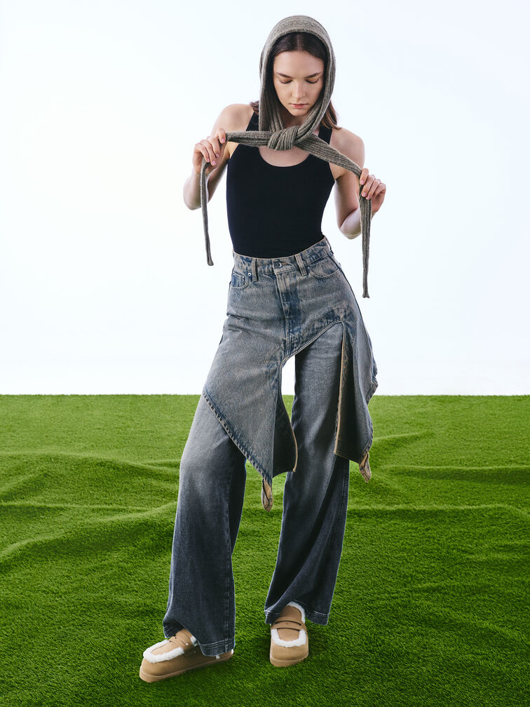 Recycled-Fur Flatform Mules, Sand, hi-res