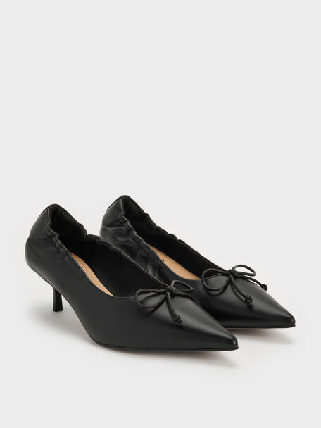 Leather Ruched Pointed Kitten Heels, Black, hi-res