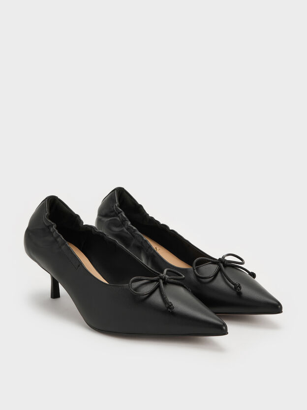 Leather Ruched Pointed Kitten Heels, Black, hi-res
