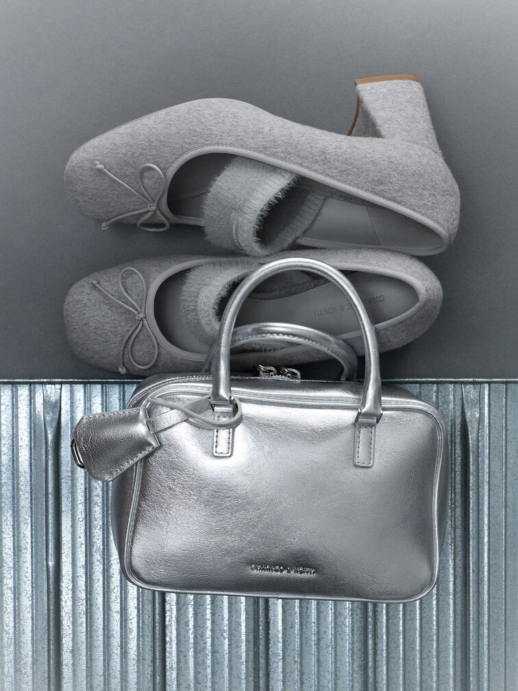 Winona Felt Bow Furry-Strap Mary Jane Pumps, Light Grey, hi-res