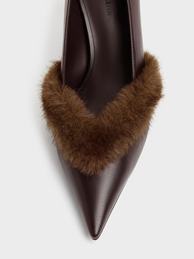 Emila Fur-Trim Pointed Pumps, Dark Brown, hi-res