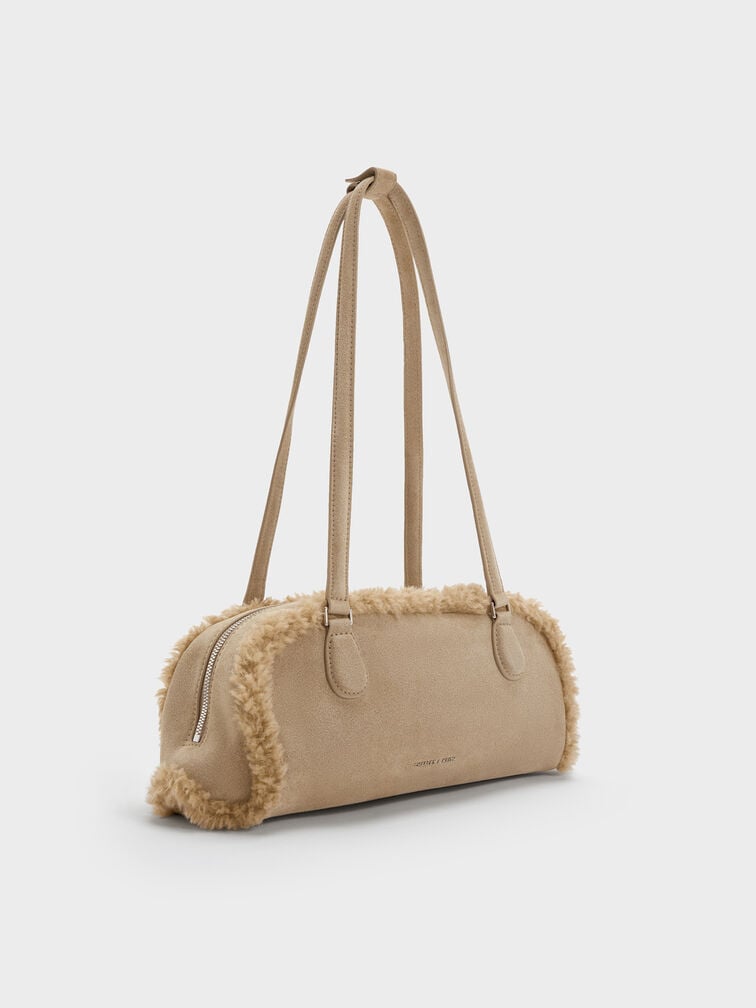 Nelly Recycled Suede & Faux Shearling Elongated Shoulder Bag, Nutmeg Beige Nelly Recycled Suede & Faux Shearling Elongated Shoulder Bag, Nutmeg Beige, hi-res
