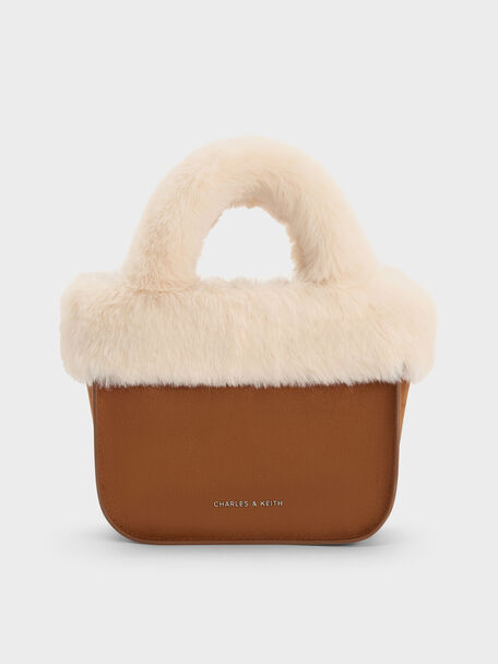 Girls' Wendy Faux Fur Tote Bag, Brown, hi-res
