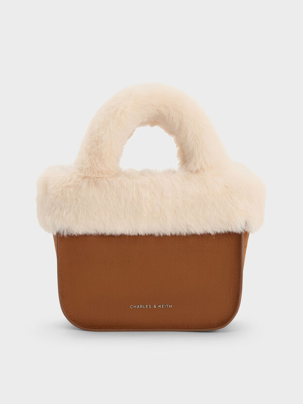 Girls' Wendy Faux Fur Tote Bag, Brown, hi-res