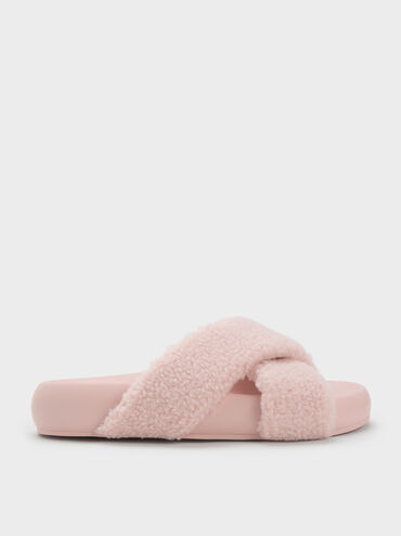 Lumi Faux Shearling Crossover-Strap Slide Sandals, Pink, hi-res
