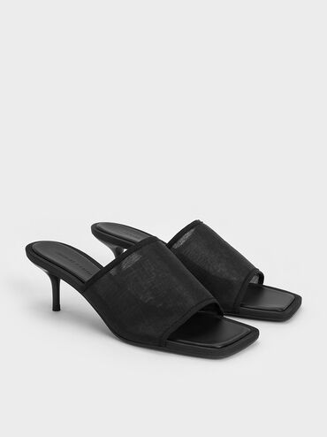 Loren Mesh Kitten-Heel Mules, Black Textured, hi-res