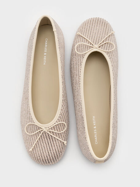 Satin Crystal-Pearl Bow Ballet Flats, Gold, hi-res