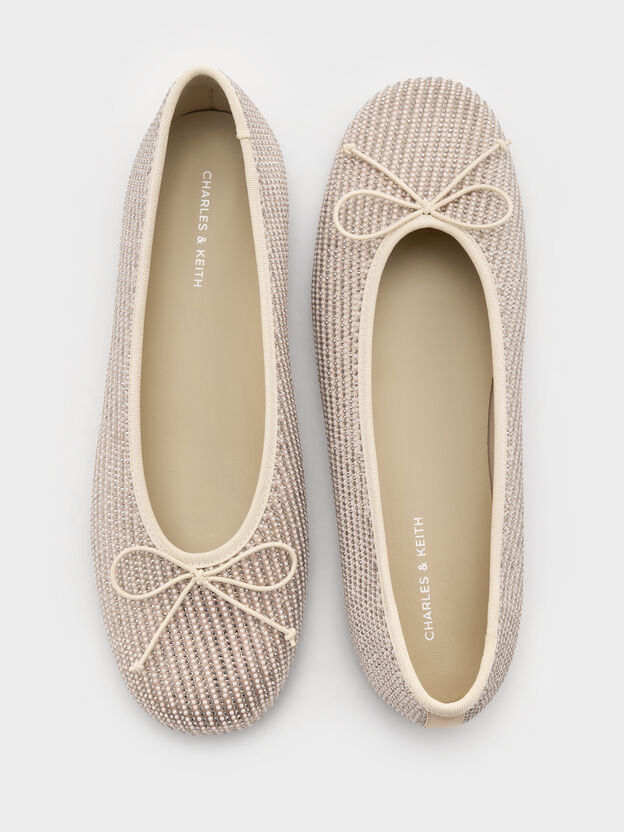 Satin Crystal-Pearl Bow Ballet Flats, Gold, hi-res