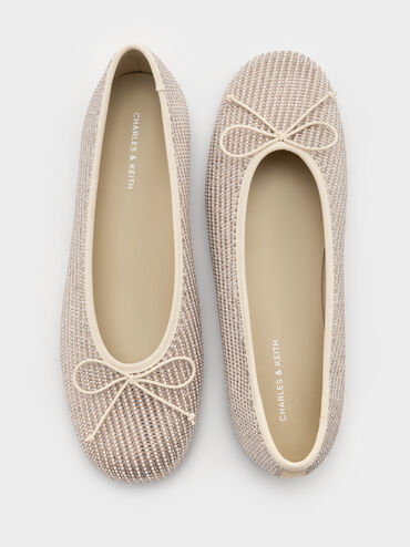 Satin Crystal-Embellished Bow Ballet Flats, Gold, hi-res