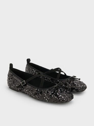 Sequinned Crossover Mary Jane Flats, Black Textured, hi-res