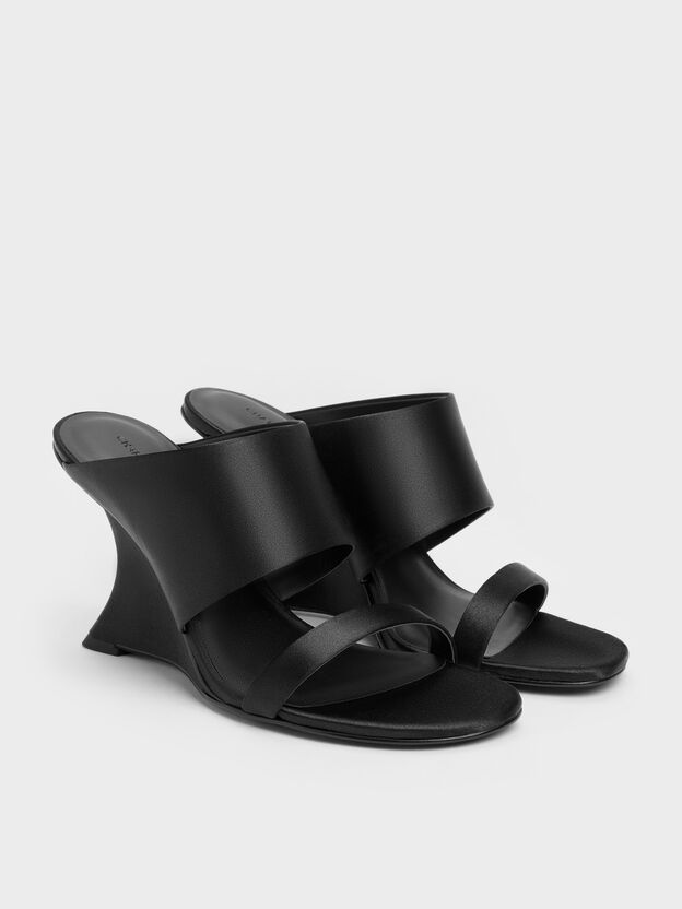 Satin Double-Strap Wedge Mules, Black Textured, hi-res