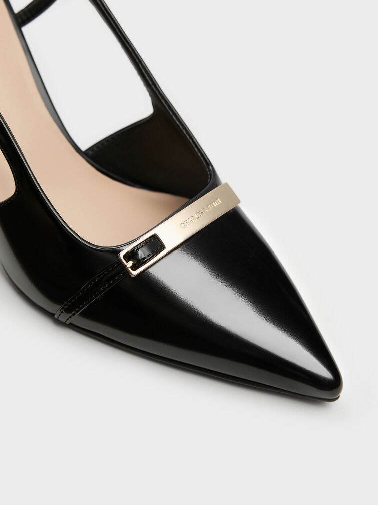 Metallic-Bar Pointed Slingback Pumps, Black Box, hi-res