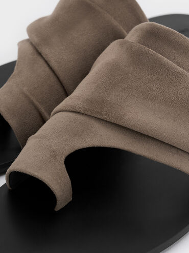 Faux Suede Ruched Toe-Ring Sandals, Taupe, hi-res
