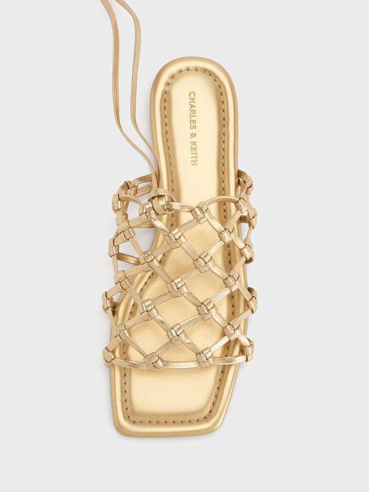 Woven Tie-Around Net Sandals, Gold, hi-res