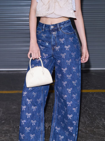 Leather Half-Moon Bowling Bag, White, hi-res