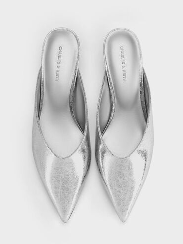 Metallic Crinkle-Effect Speckled-Heel Wedge Mules, Silver, hi-res