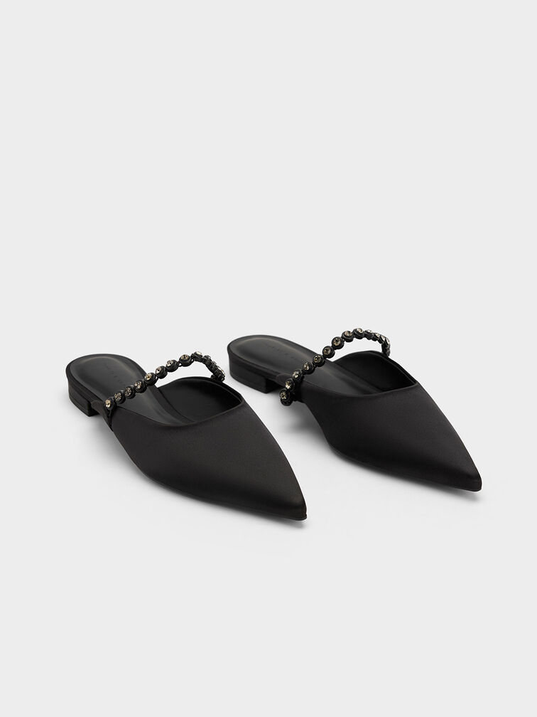 Flores Recycled Polyester Gem-Strap Flat Mules, Black, hi-res