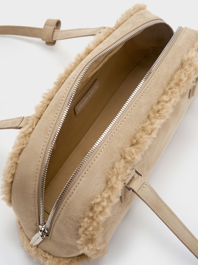 Nelly Recycled Suede & Faux Shearling Elongated Shoulder Bag, Nutmeg Beige Nelly Recycled Suede & Faux Shearling Elongated Shoulder Bag, Nutmeg Beige, hi-res