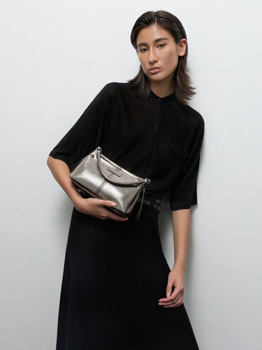 Noane Metallic Top Handle Bag, Pewter, hi-res