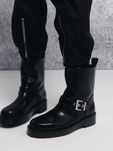 Buckle-Strap Biker Boots, Black, hi-res