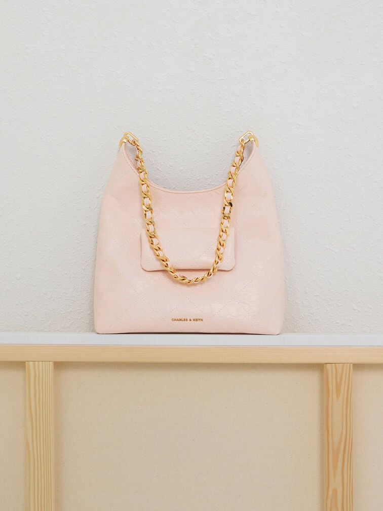 Duo Quilted Front-Pocket Chain Hobo Bag, Soft Pink, hi-res