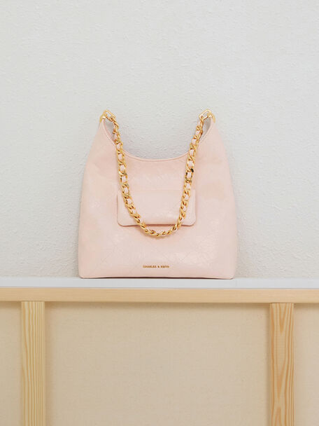Duo Quilted Front-Pocket Chain Hobo Bag, Soft Pink, hi-res