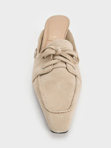 Kori Suede Lace-Up Sculptural-Heel Mules, Beige, hi-res