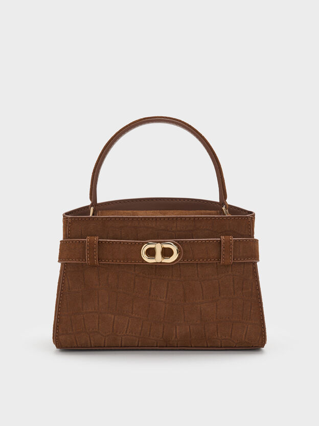 Aubrielle Croc-Effect Belted Top Handle Bag, Chocolate, hi-res