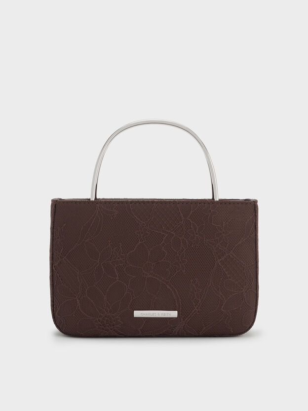 Jennis Lace & Satin Top Handle Bag, Dark Brown Textured, hi-res