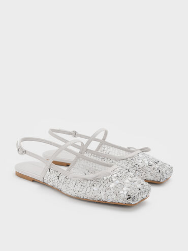 Mesh Sequinned Bow Slingback Mary Jane Flats, Multi, hi-res