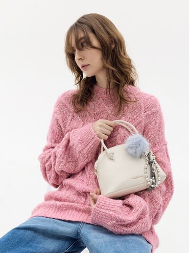 Pearl Beaded-Strap Furry Ball Charm, Sea Salt Blue, hi-res