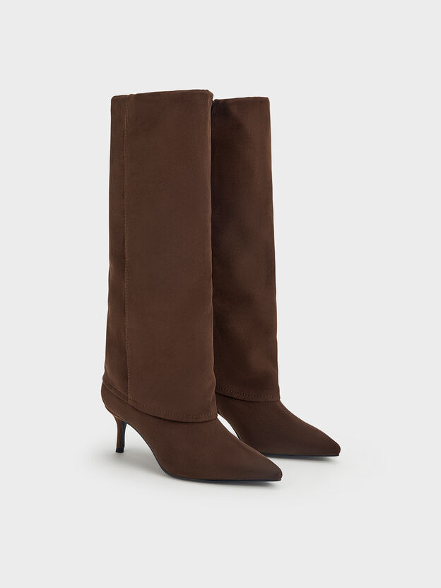 Faux Suede Pointed Stiletto Knee-High Boots, Dark Brown Textured, hi-res