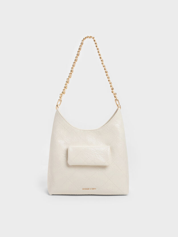 Duo Quilted Front-Pocket Chain Hobo Bag, Cream, hi-res