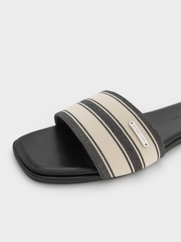Striped Square-Toe Slide Sandals, Black Textured, hi-res