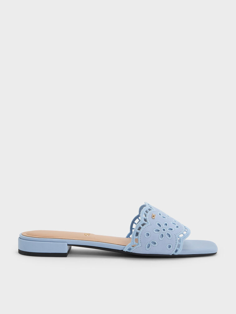 Leather Embroidered Slide Sandals, Light Blue, hi-res
