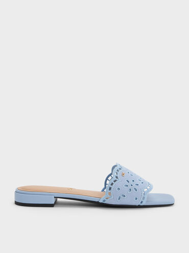Leather Embroidered Slide Sandals, Light Blue, hi-res