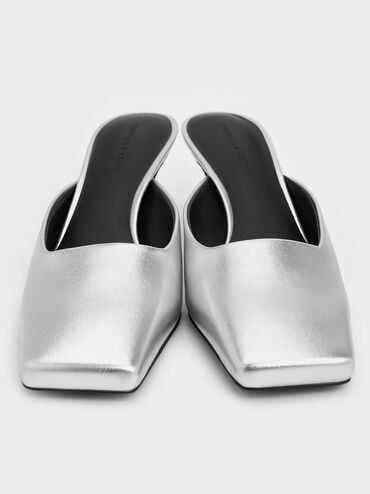 Metallic Square-Toe Blade-Heel Mules, Silver, hi-res